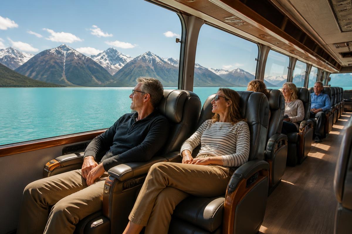 Guests relaxing in leather seats of a luxury touring coach